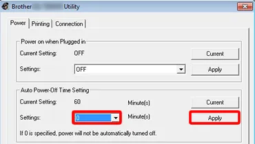 Brother’s Utility dialog on Windows, showing “Power on when Plugged in” set to OFF and “Auto Power-Off Time Setting” with a current setting of 60 minutes